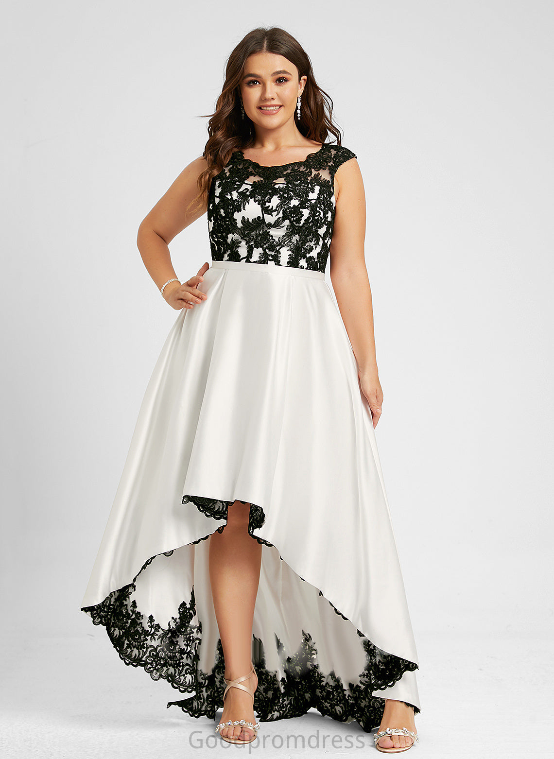 Ball-Gown/Princess Satin Asymmetrical Scoop Lace Aubrey Prom Dresses