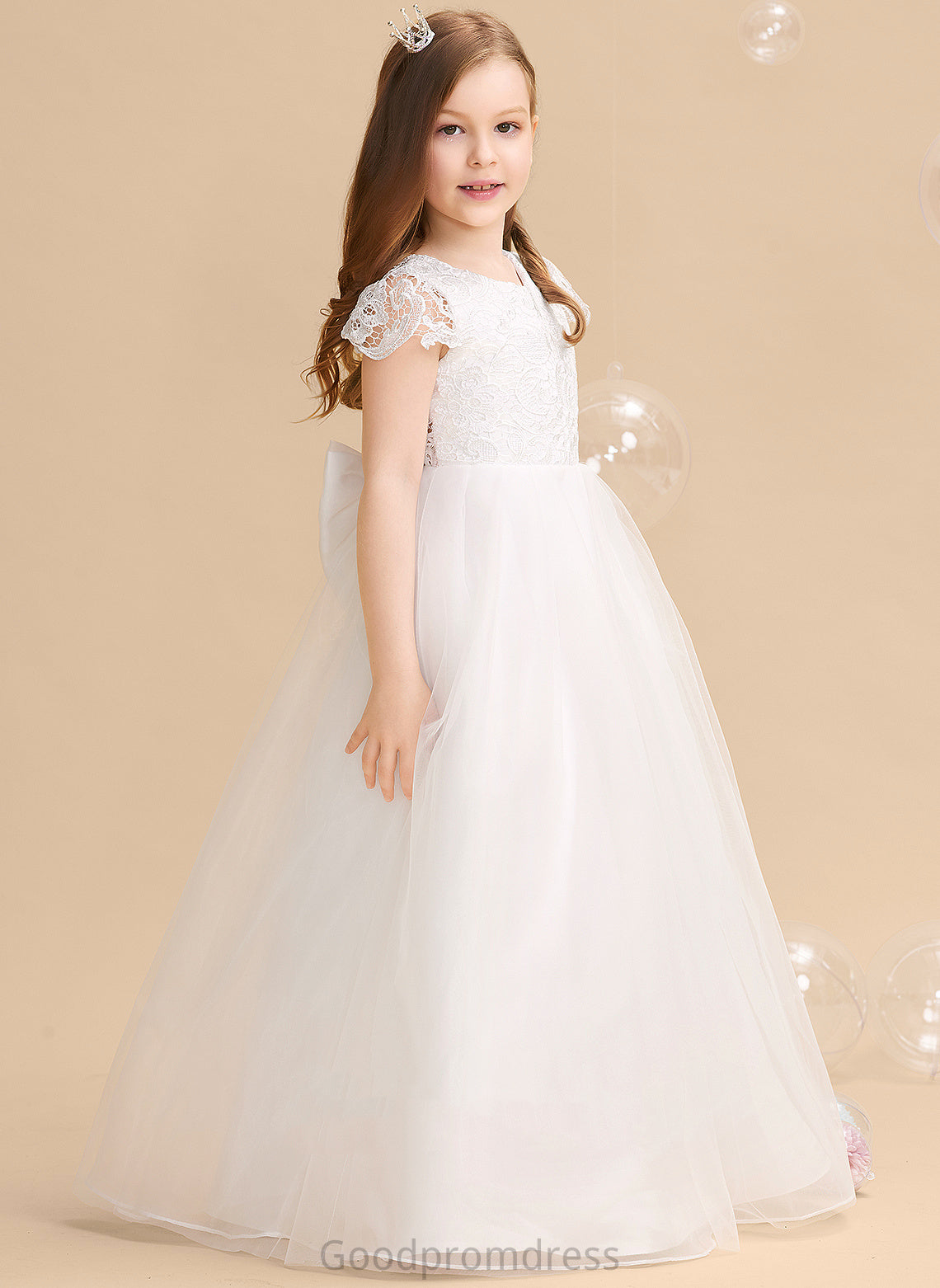 Flower Girl Dresses Scoop Ball-Gown/Princess Tulle/Lace Short Lindsey Bow(s) Sleeves Flower Girl With Neck - Dress Floor-length