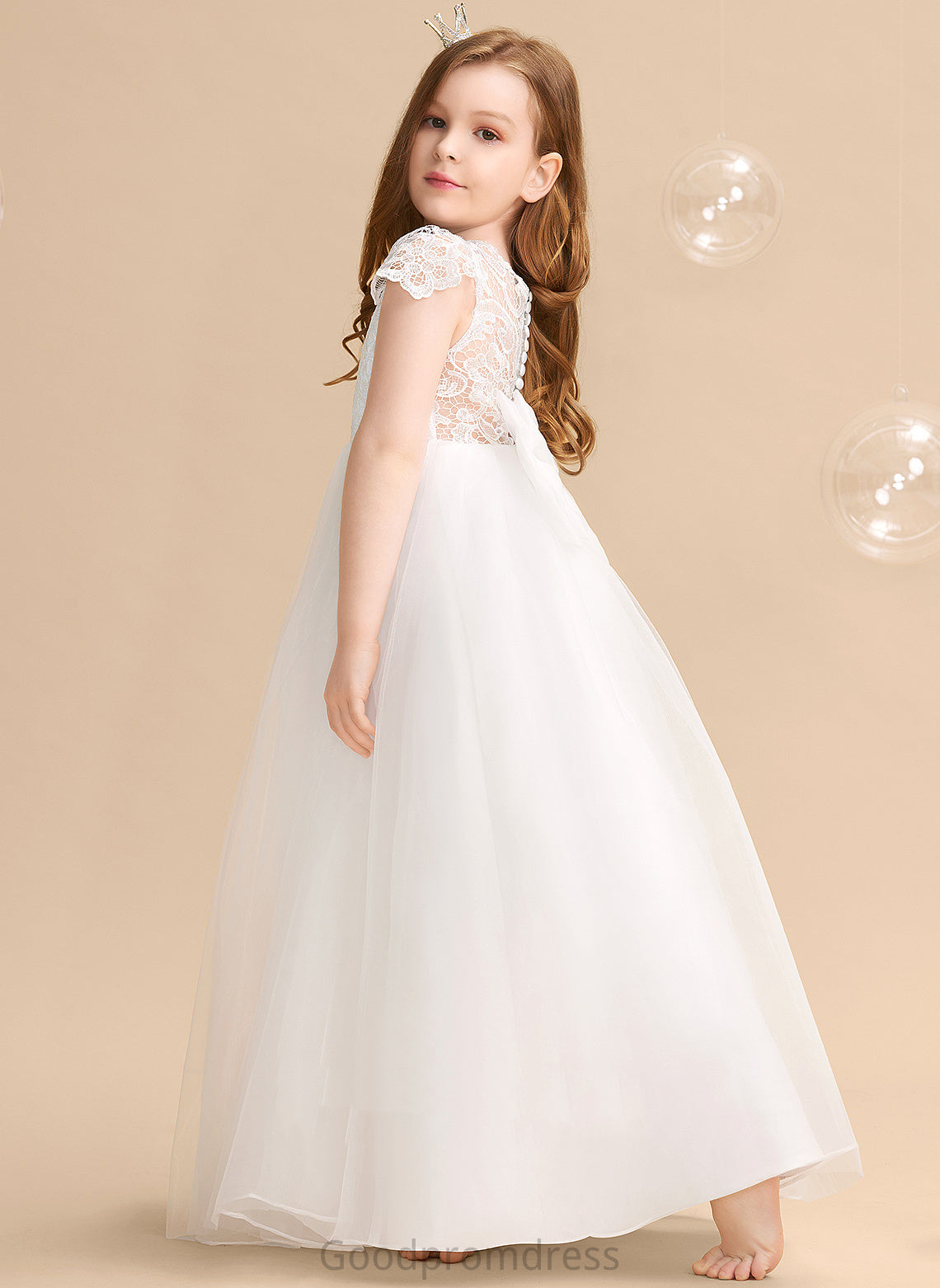 Flower Girl Dresses Scoop Ball-Gown/Princess Tulle/Lace Short Lindsey Bow(s) Sleeves Flower Girl With Neck - Dress Floor-length