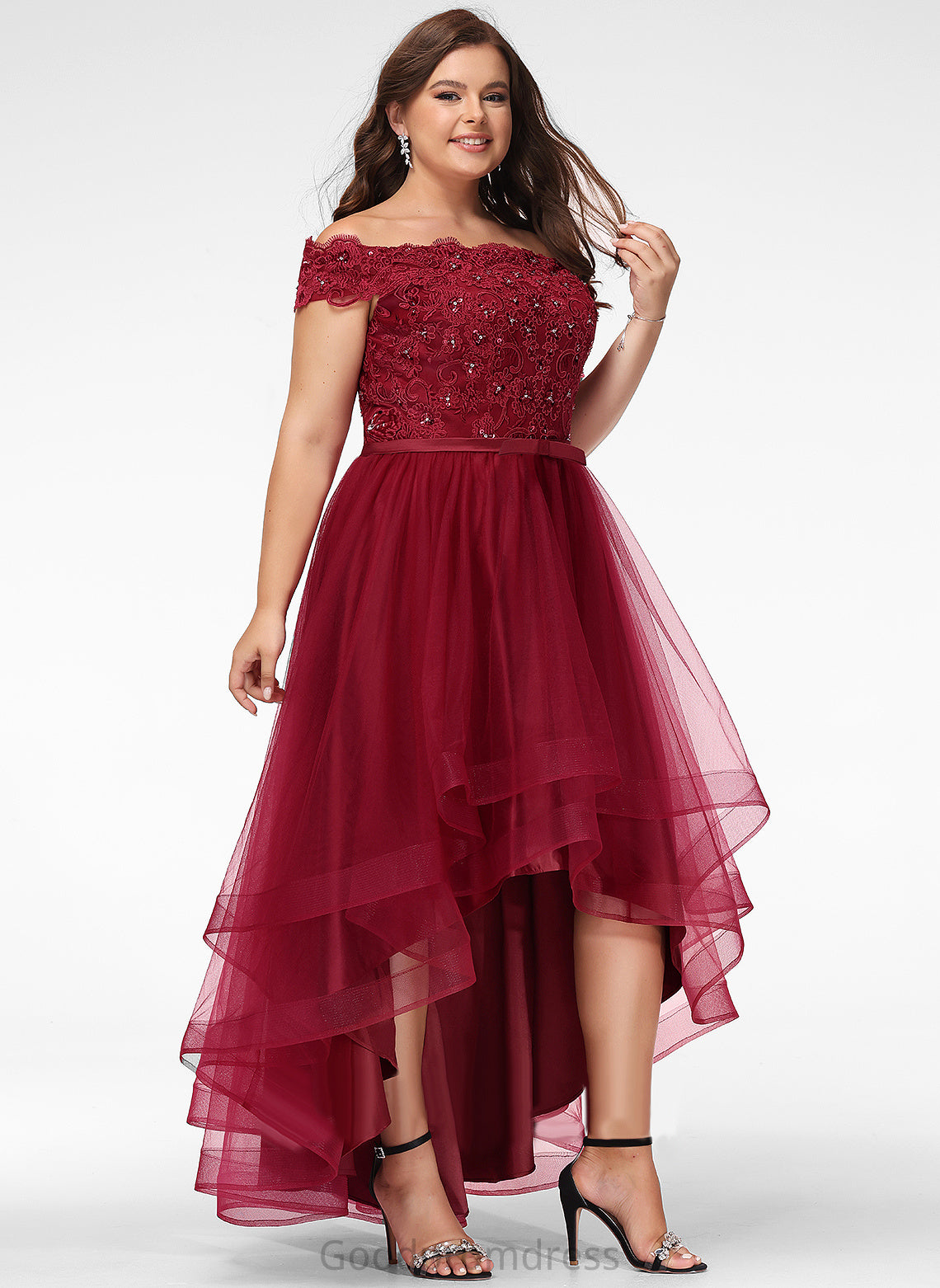 Prom Dresses Sequins Off-the-Shoulder A-Line Asymmetrical Macy Tulle Bow(s) Lace Beading With