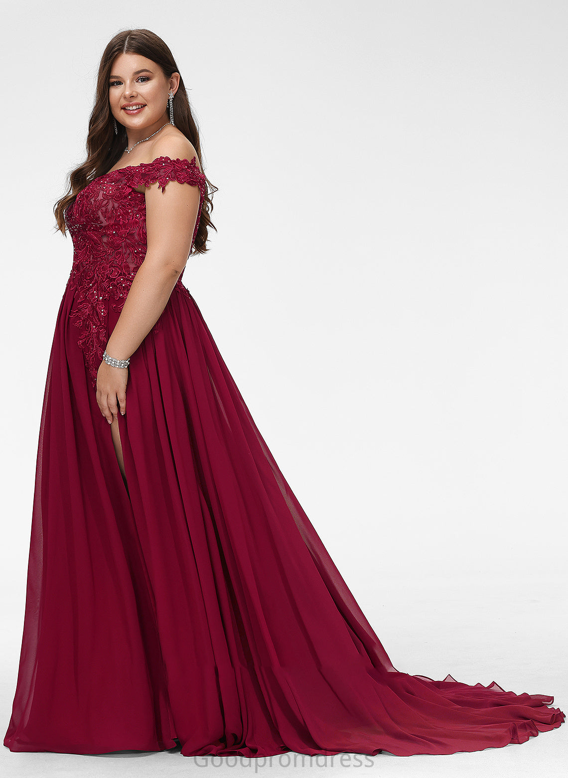 Nicky Sequins A-Line Prom Dresses Train Off-the-Shoulder With Chiffon Lace Sweep