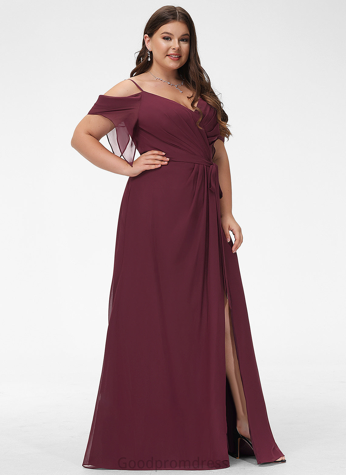 A-Line Front Sophie Prom Dresses V-neck Floor-Length Split With Ruffle