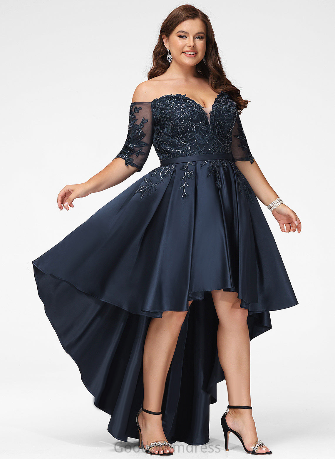 Sequins With Prom Dresses Satin Setlla Lace A-Line Off-the-Shoulder Asymmetrical