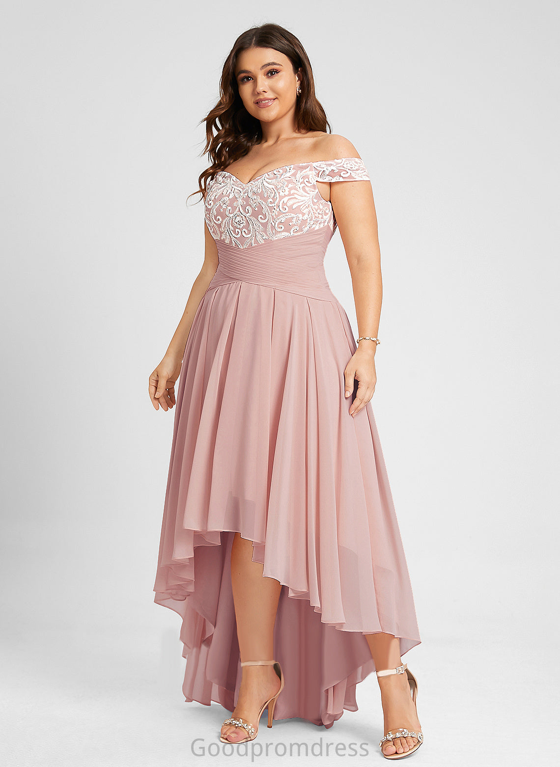 Sahna Off-the-Shoulder Pleated Prom Dresses Lace A-Line Chiffon With Asymmetrical