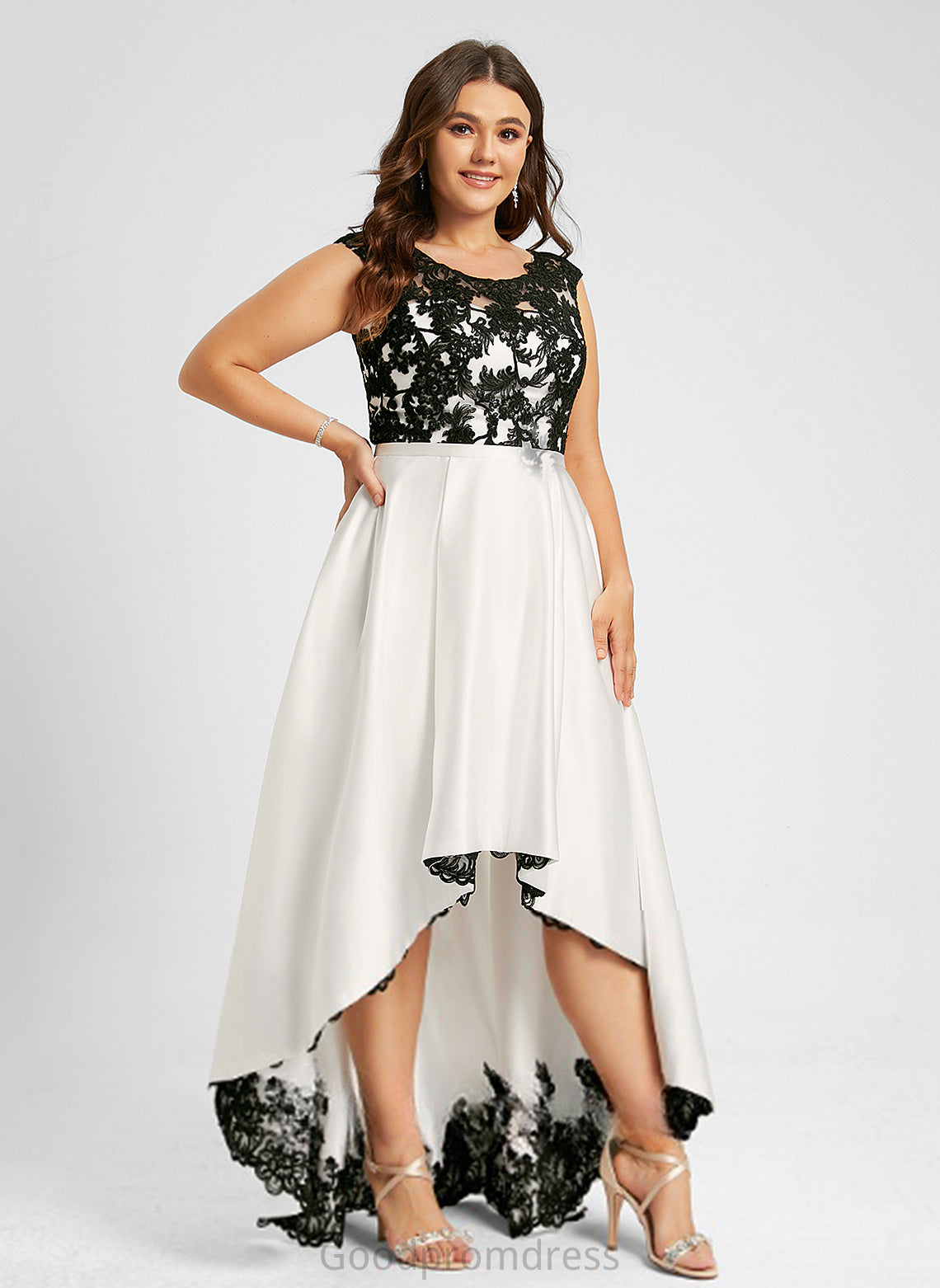 Lace Satin Asymmetrical Scoop Prom Dresses Blanche A-Line Illusion