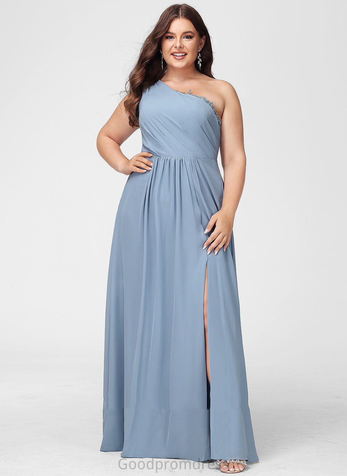 Sequins Silhouette One-Shoulder Neckline Embellishment Length A-Line Floor-Length Lace Fabric Molly Cap Sleeves Bridesmaid Dresses