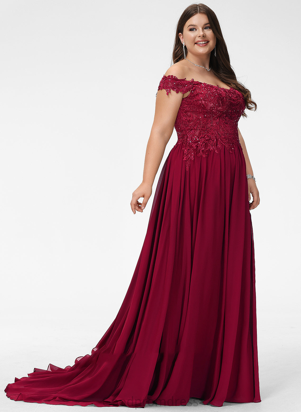 Nicky Sequins A-Line Prom Dresses Train Off-the-Shoulder With Chiffon Lace Sweep