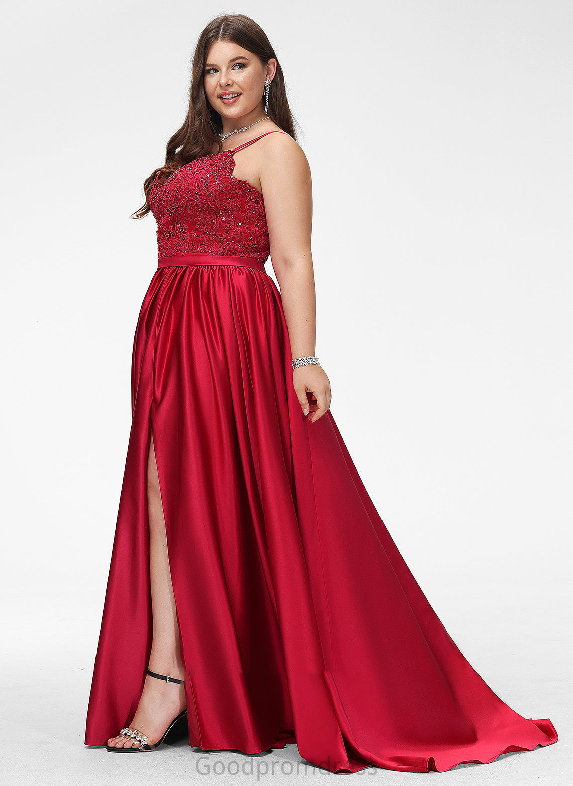 Beading Train Sequins Front With Jocelynn Sweep Ball-Gown/Princess Split V-neck Prom Dresses Satin