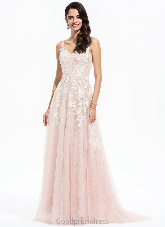 A-Line With Wedding Dresses Wedding V-neck Lace Dress Janiya Sweep Train Tulle