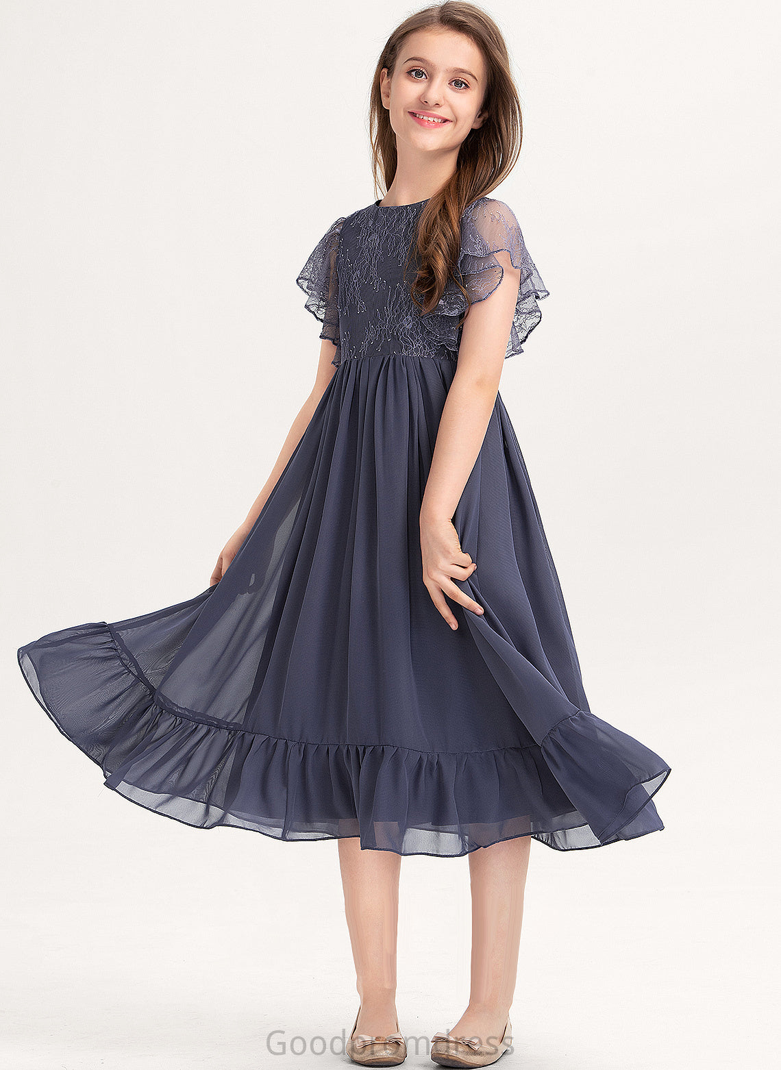 Scoop Knee-Length A-Line Lace Junior Bridesmaid Dresses Ruffles Chiffon With Neck Cascading Dulce