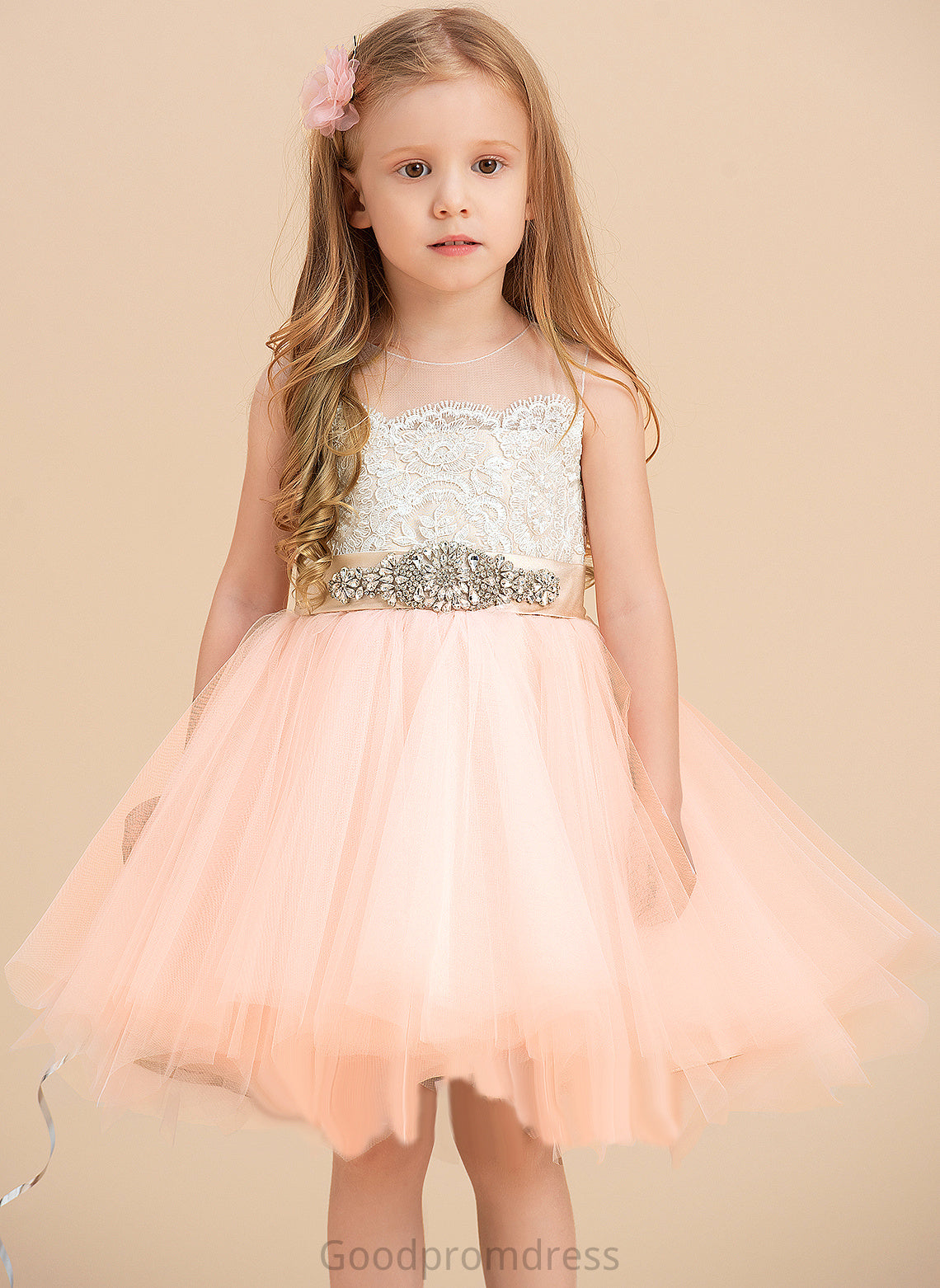 Sleeveless Neck Satin/Tulle/Lace A-Line Scoop Knee-length Beading Flower Girl Dresses Dress Flower (Undetachable Hazel - With sash) Girl