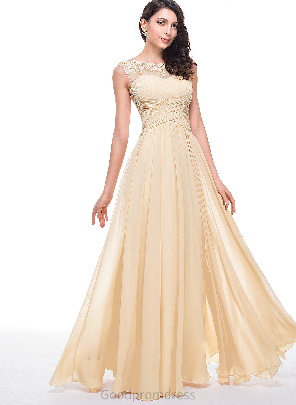 A-Line Chiffon Ruffle Averie Flower(s) Floor-Length Neck Prom Dresses Beading Scoop With