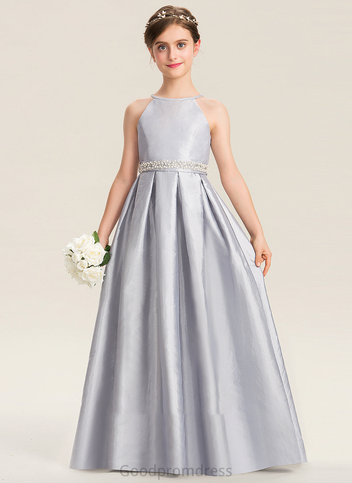 Bow(s) Junior Bridesmaid Dresses Taffeta Floor-Length Beading Neck Penelope With A-Line Scoop