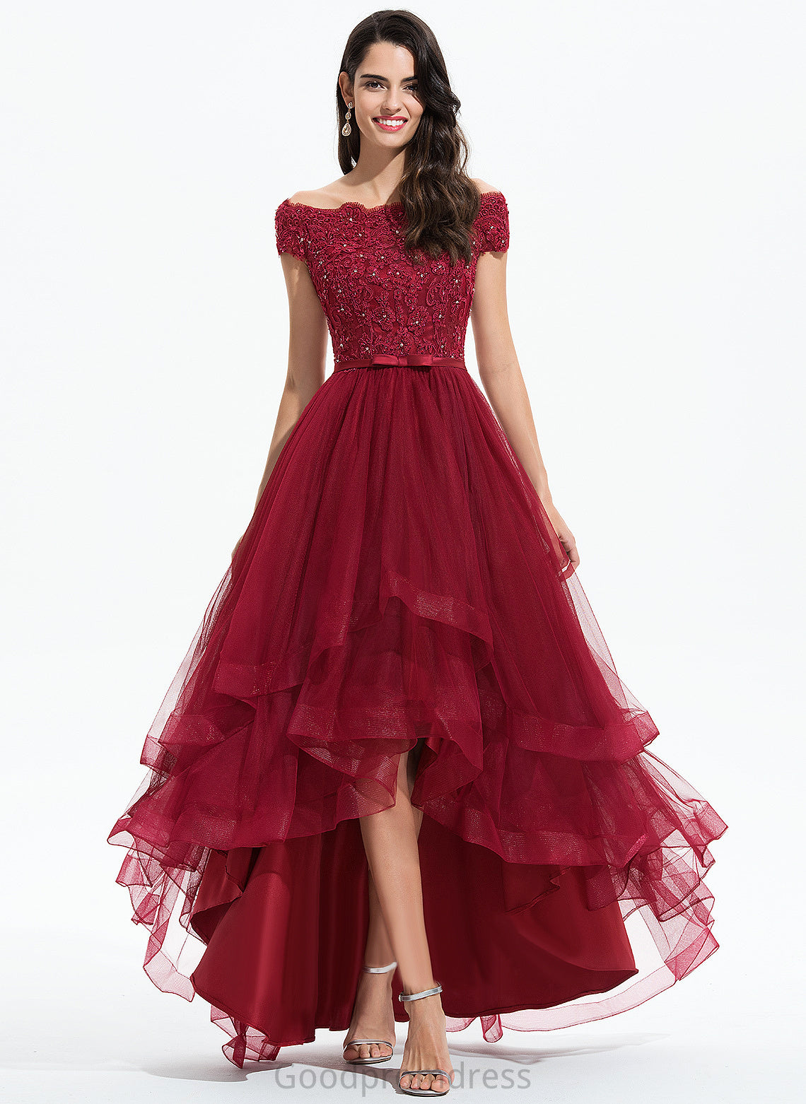 Prom Dresses Sequins Off-the-Shoulder A-Line Asymmetrical Macy Tulle Bow(s) Lace Beading With