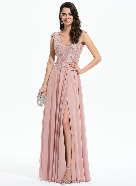 With Yvonne Front Prom Dresses A-Line Floor-Length V-neck Chiffon Split Lace