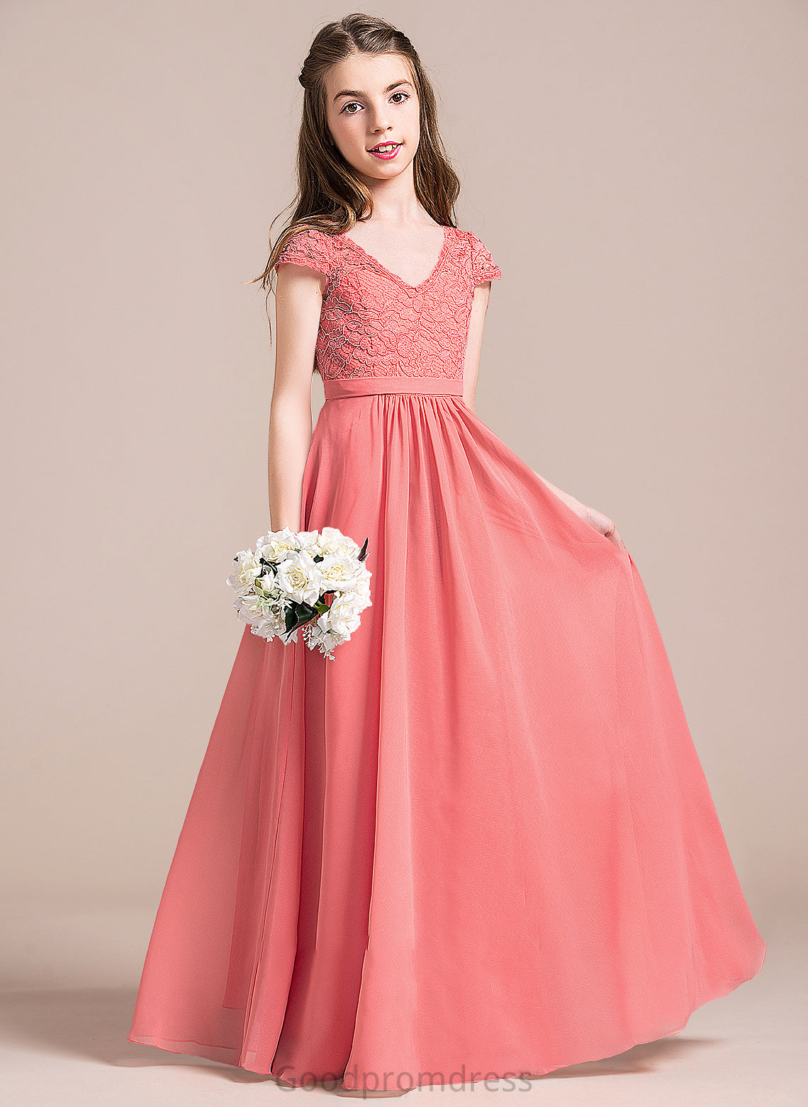 Lace Floor-Length V-neck Junior Bridesmaid Dresses Luz A-Line Chiffon