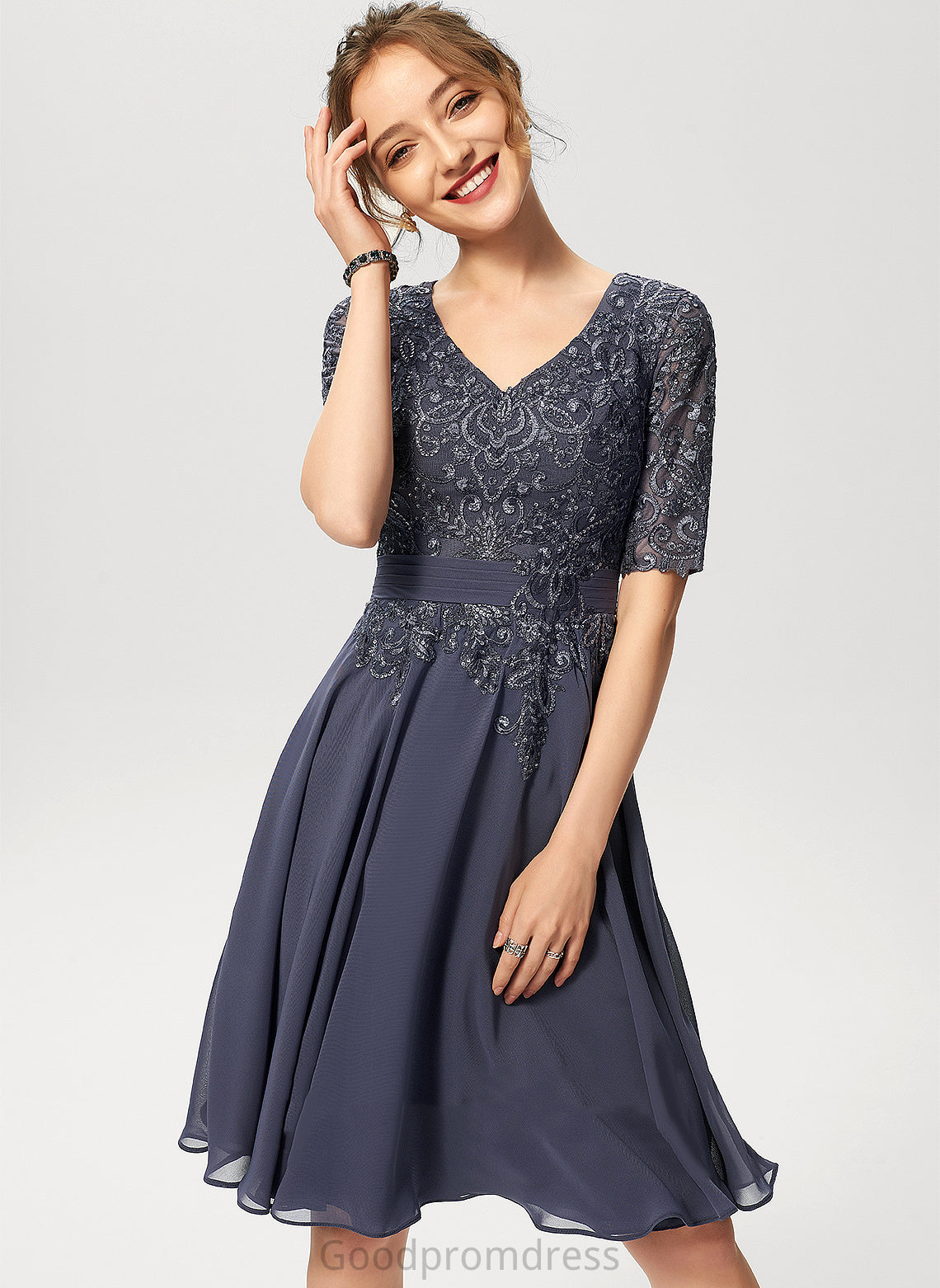 Ashley Cocktail Dress With V-neck Lace A-Line Chiffon Sequins Knee-Length Cocktail Dresses