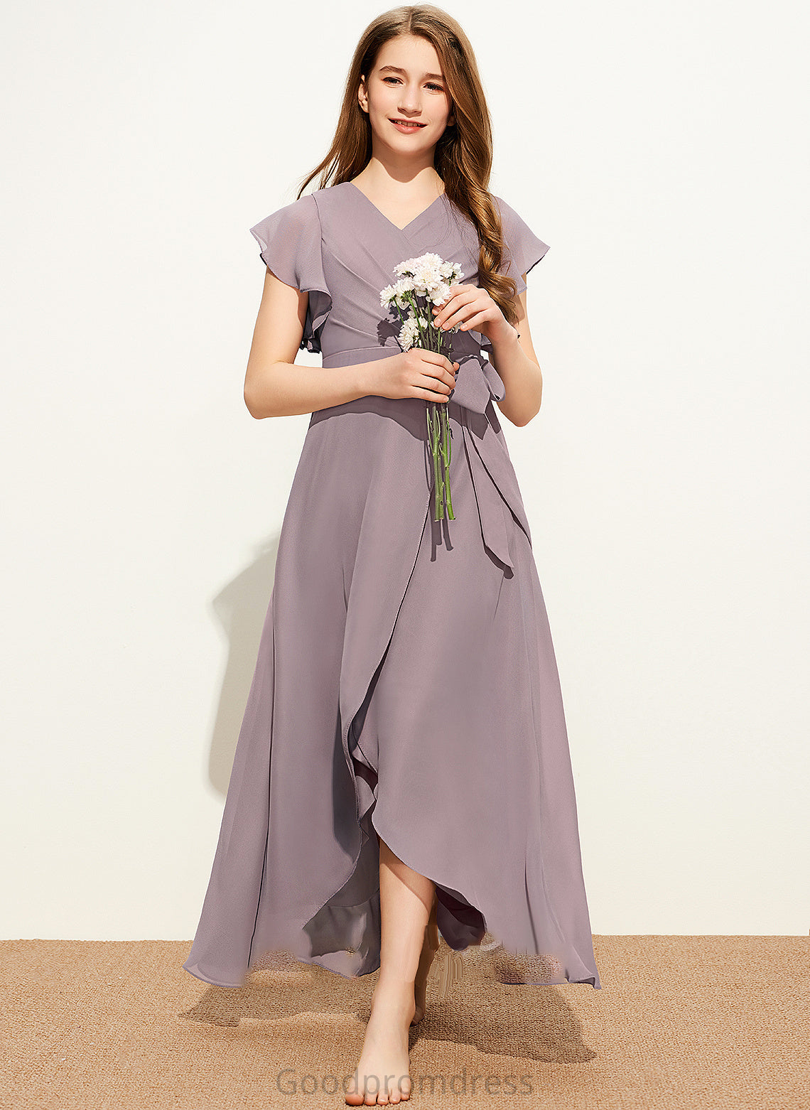 With Bow(s) Junior Bridesmaid Dresses Madalyn V-neck Chiffon Ruffle Asymmetrical A-Line