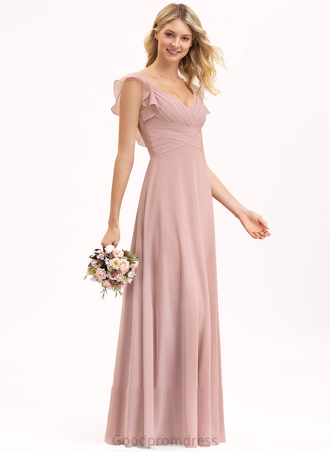 Empire Floor-Length Chiffon Ciara Prom Dresses Cascading Ruffles V-neck With