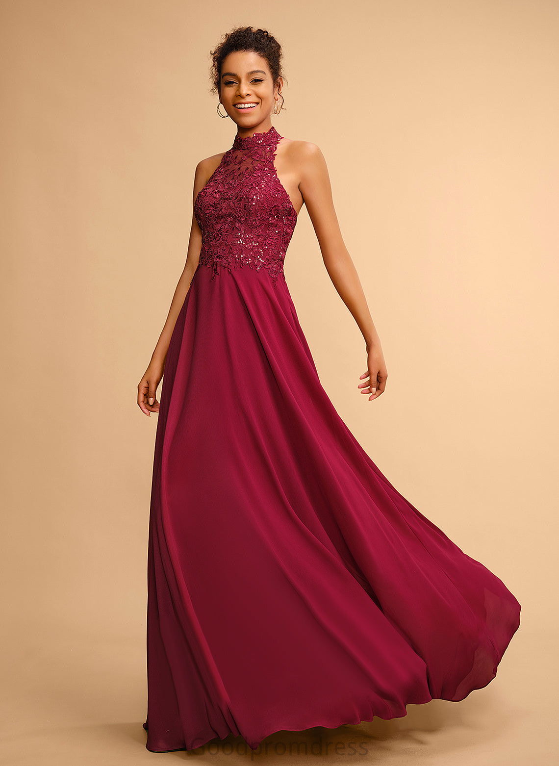 Lana With Lace Prom Dresses A-Line Chiffon Floor-Length Halter Sequins