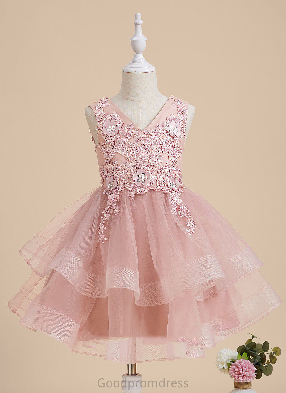 Beading/Flower(s)/Sequins Dress V-neck Knee-length With Flower Girl Dresses Girl A-Line Tulle/Lace Flower Rayna Sleeveless -