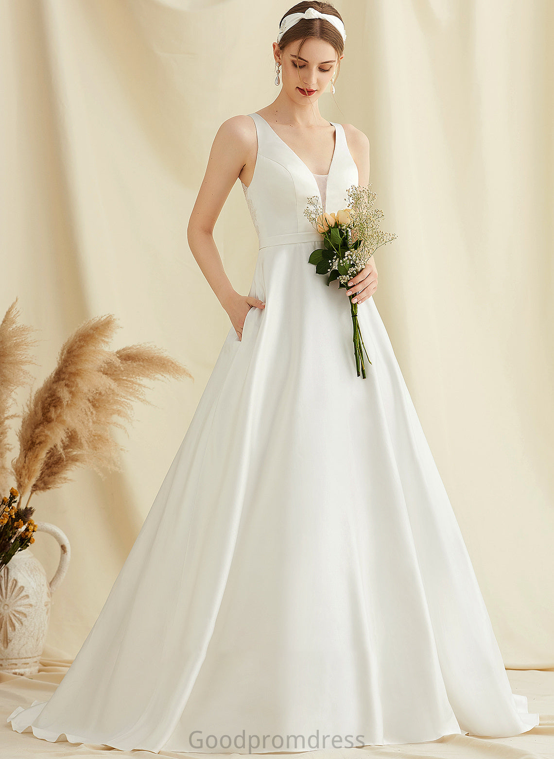 Lace Sweep Train V-neck Pockets With Wedding Dresses Ball-Gown/Princess Satin Rita Dress Wedding