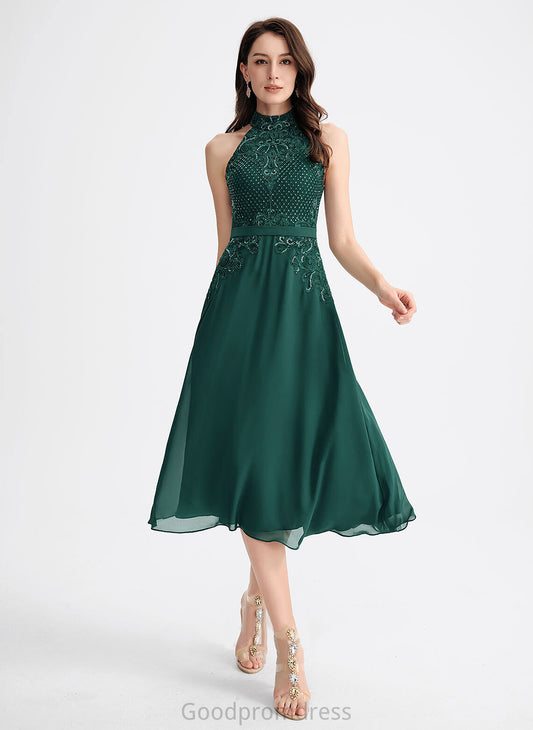 Chiffon Tea-Length A-Line Scoop Sequins With Cocktail Dresses Dress Cocktail Lace Neck Paisley