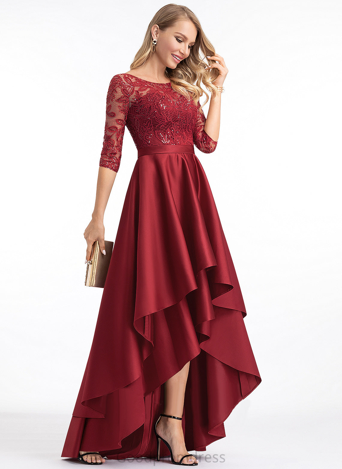 Round Lace Sleeves Neck 1/2 A-line Sequins Dresses Isabelle Asymmetrical Satin Satin Club Dresses