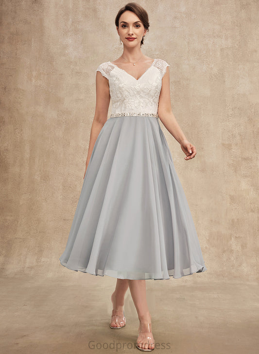 the With Lace Peggie Tea-Length A-Line Mother Chiffon of Beading V-neck Mother of the Bride Dresses Dress Bride