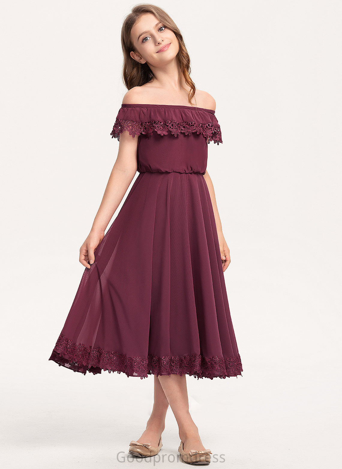 Tea-Length A-Line Junior Bridesmaid Dresses Sanai Lace Chiffon Off-the-Shoulder