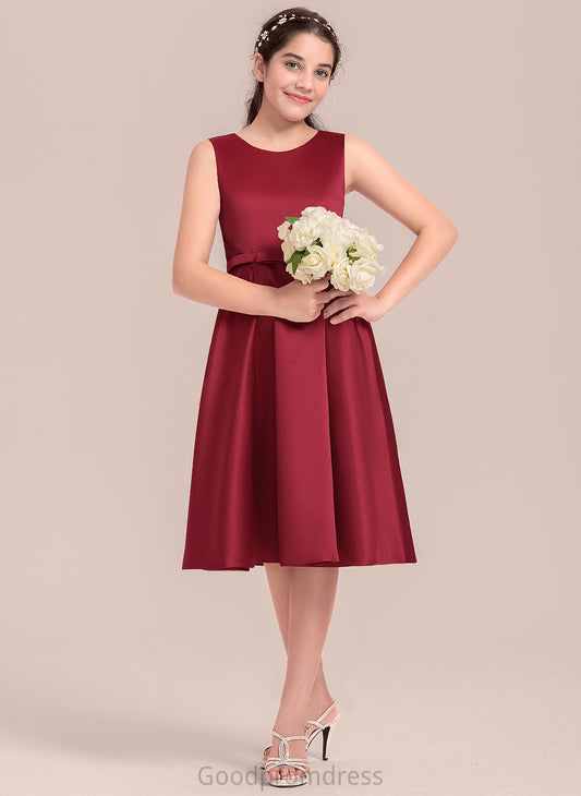 Knee-Length Junior Bridesmaid Dresses A-Line Lace Neck Satin Bow(s) Scoop Adison With