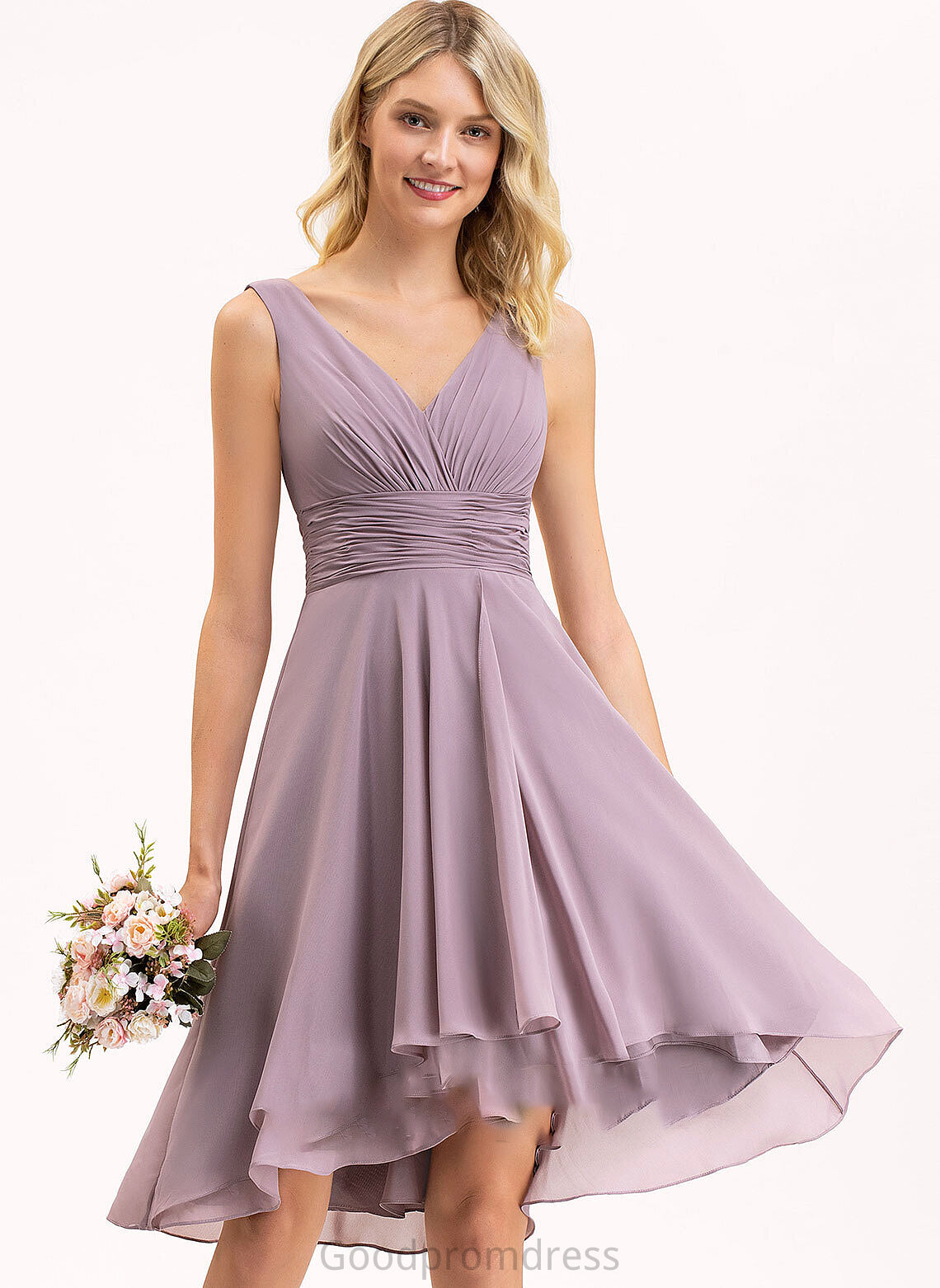 Silhouette A-Line Neckline Embellishment Fabric Ruffle Length Asymmetrical V-neck Desiree Sleeveless Scoop Bridesmaid Dresses