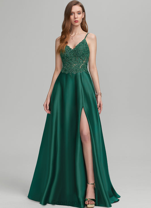 Rylee A-Line Prom Dresses Floor-Length Lace V-neck Satin