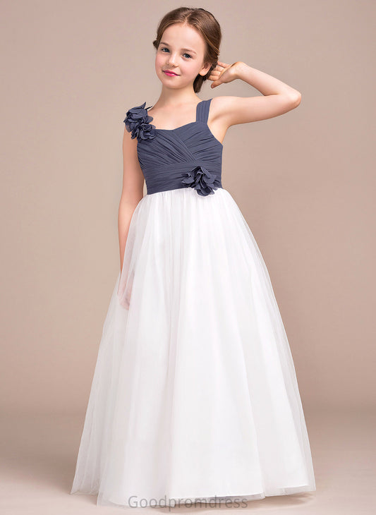 A-Line Floor-Length Ruffle With Tulle Chiffon Sweetheart Flower(s) Aubree Junior Bridesmaid Dresses