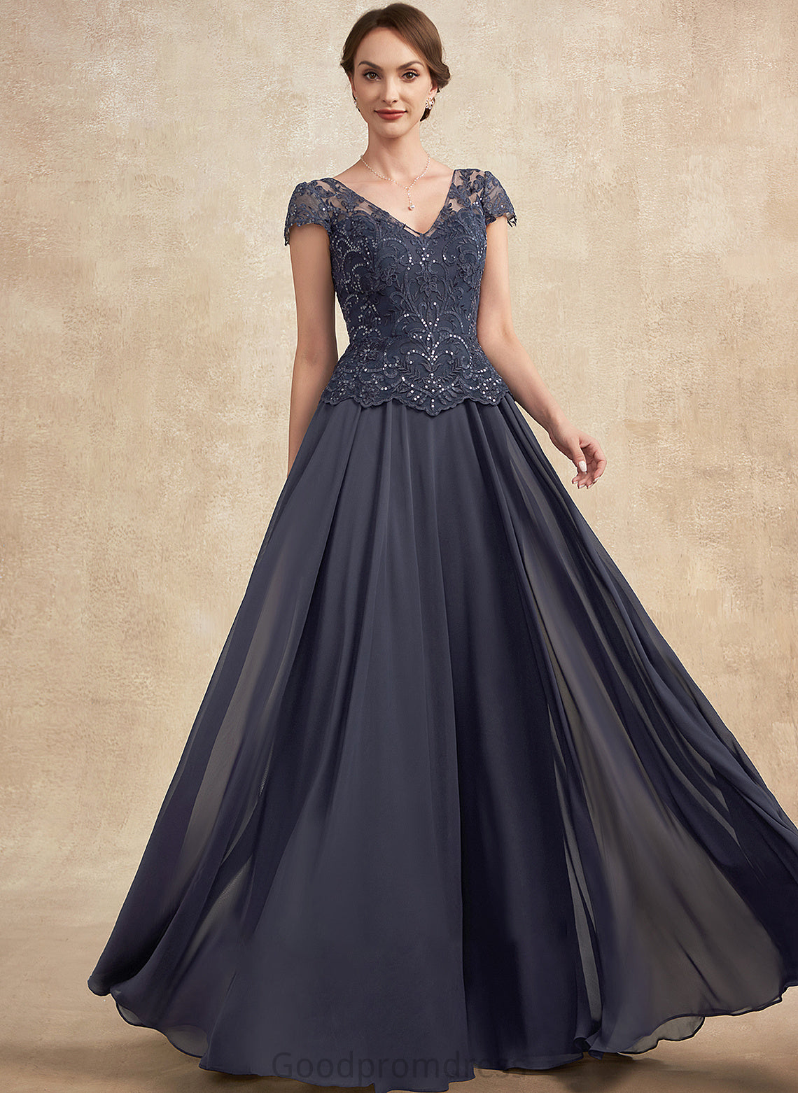 Floor-Length Vera Mother of the Bride Dresses Bride Lace V-neck Dress With Chiffon Mother A-Line Sequins of the