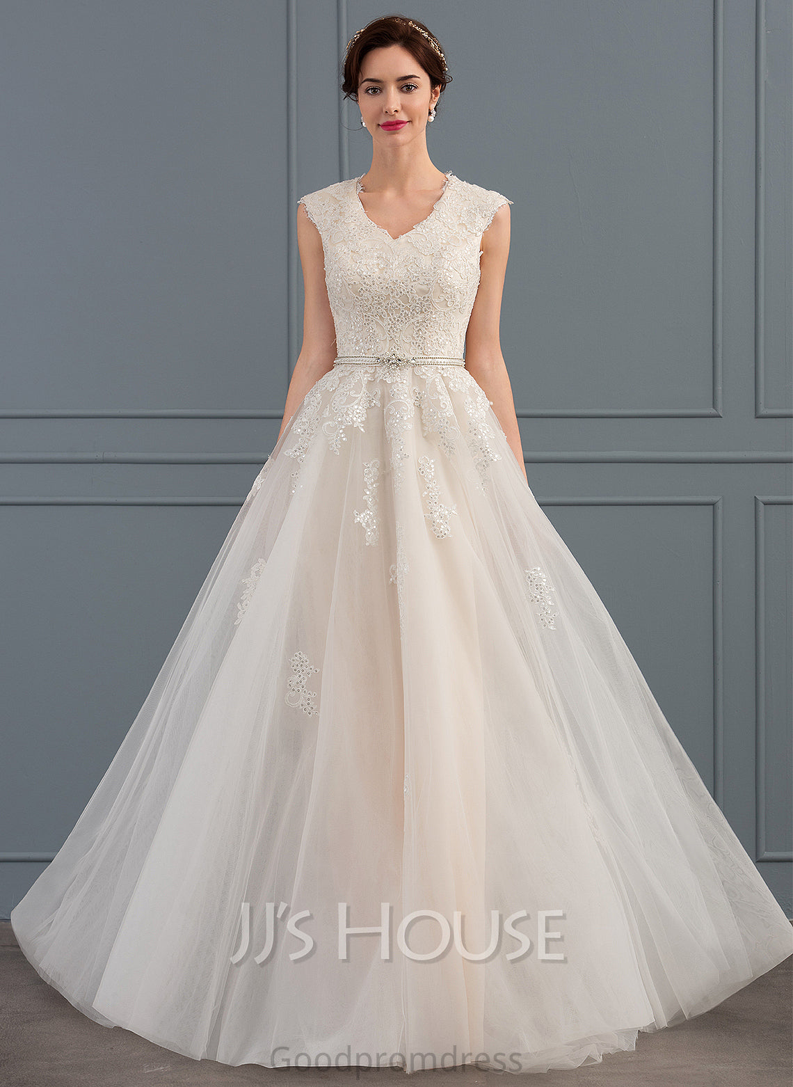 Wedding Sweep Wedding Dresses Kaylie Bow(s) Beading A-Line Tulle V-neck Sequins Dress Train With