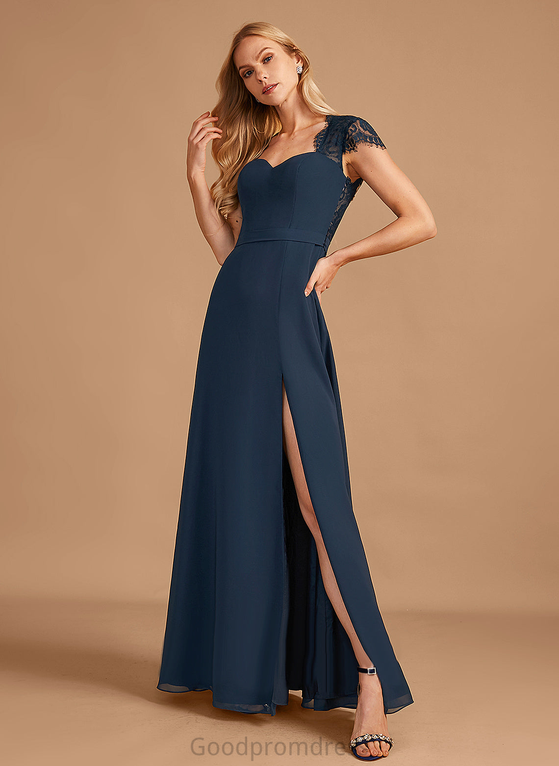 Silhouette Fabric Floor-Length SplitFront V-neck A-Line Neckline Lace Embellishment Length Jaida Sleeveless Bridesmaid Dresses