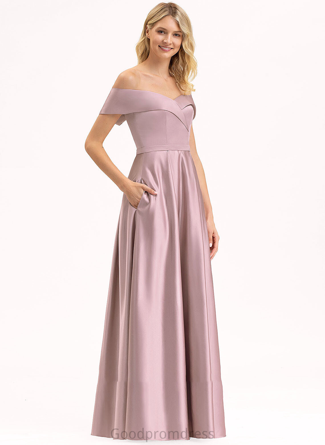 Floor-Length Embellishment Neckline Length Silhouette Off-the-Shoulder Fabric A-Line Pockets Dulce A-Line/Princess Sleeveless Bridesmaid Dresses