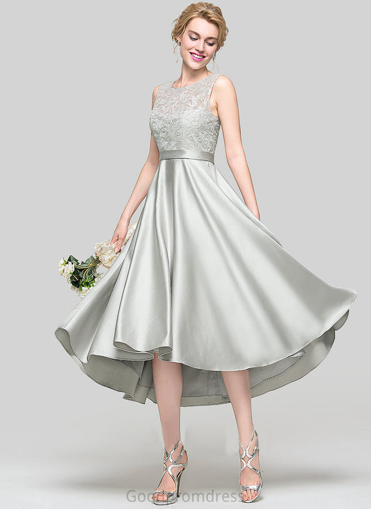 Straps A-Line Satin ScoopNeck Silhouette Neckline Length Lace Asymmetrical Fabric Kaleigh Sleeveless Bridesmaid Dresses