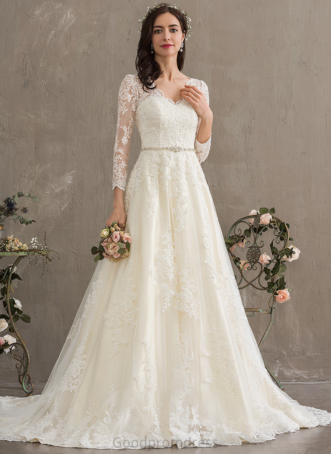 Beading Ball-Gown/Princess Sequins Wedding V-neck Chapel Dress With Kylee Train Wedding Dresses Tulle