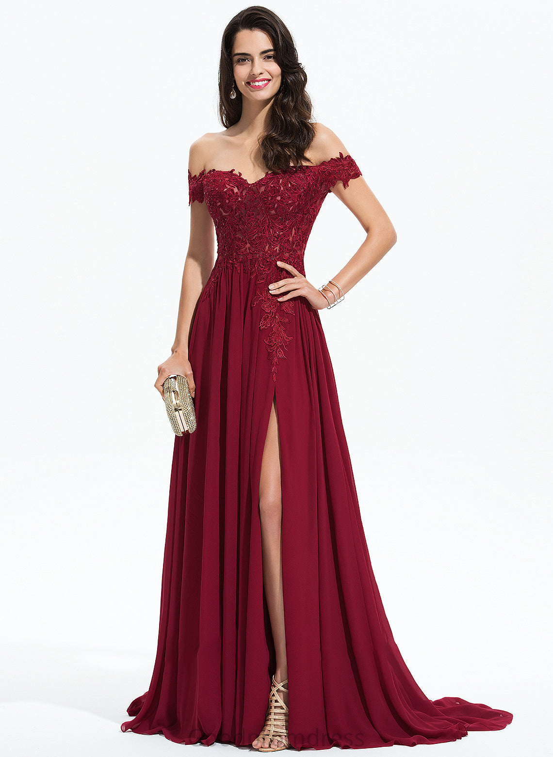 Nicky Sequins A-Line Prom Dresses Train Off-the-Shoulder With Chiffon Lace Sweep