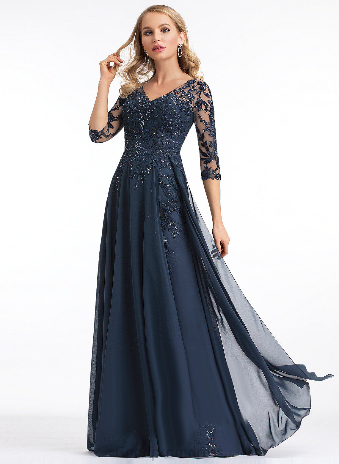 Prom Dresses V-neck Floor-Length Chiffon A-Line Lace Sequins With Lilian