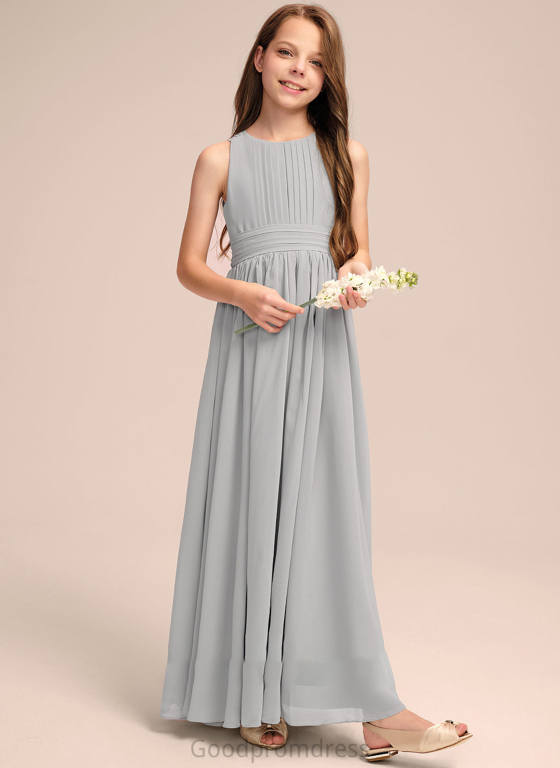 Floor-Length Chiffon With Neck Ruffle Jaelynn Bow(s) Junior Bridesmaid Dresses Scoop A-Line