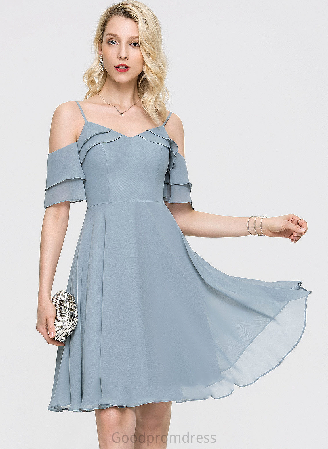 A-Line Knee-Length Chiffon Ruffles Dress Homecoming Cascading With Homecoming Dresses Nita V-neck