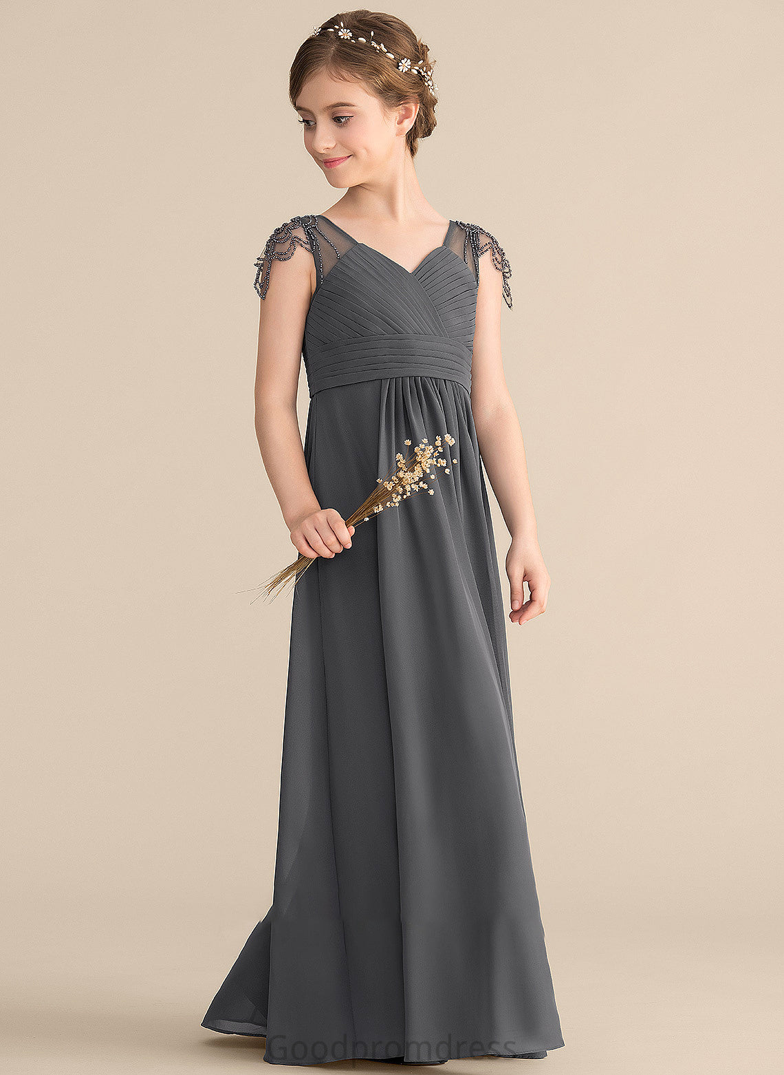 Ruffle V-neck A-Line Floor-Length With Chiffon Junior Bridesmaid Dresses Beading Cecelia