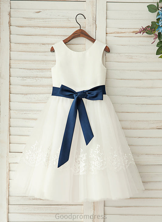 Flower Flower Girl Dresses With Scoop - Sleeveless Tea-length Girl Satin/Lace Dress A-Line/Princess Neck Sash Lillie