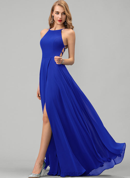 Chiffon With Neck Floor-Length A-Line Louise Scoop Prom Dresses Front Split