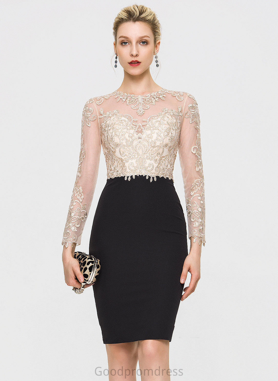 Sequins Lace Knee-Length With Sheath/Column Stretch Cocktail Dresses Dress Scoop Neck Crepe Linda Cocktail