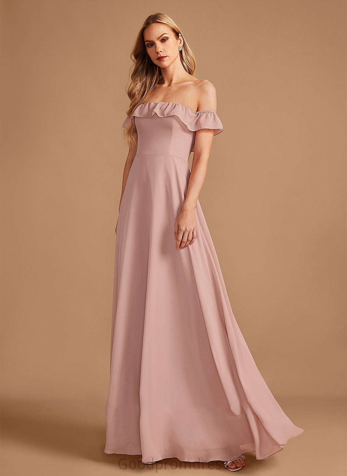 A-Line Neckline Floor-Length Silhouette Off-the-Shoulder Embellishment Ruffle Fabric Length Shyanne A-Line/Princess Sleeveless Bridesmaid Dresses