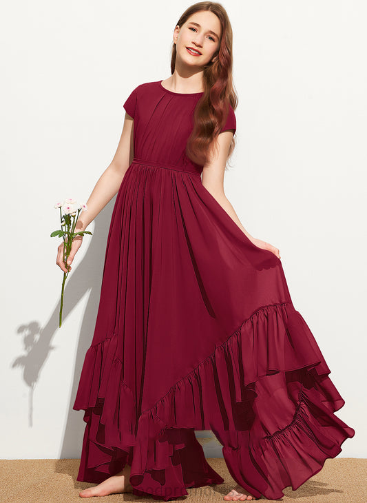 Junior Bridesmaid Dresses Neck With Lace Ruffles Tatum Scoop Cascading Chiffon A-Line Appliques Floor-Length Bow(s)